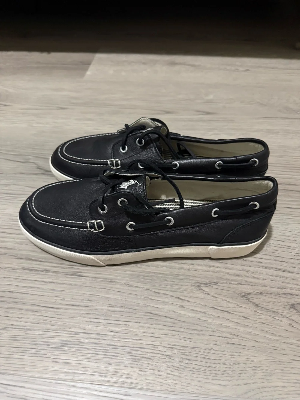 Polo Ralph Lauren Sander Leather Boat Shoes Black Size 9D NWOB Moc Toe Casual